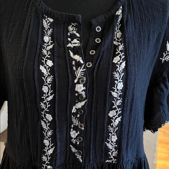 Free People Santiago Embroidered Mini Dress black cotton gauze white floral S - Picture 6 of 7